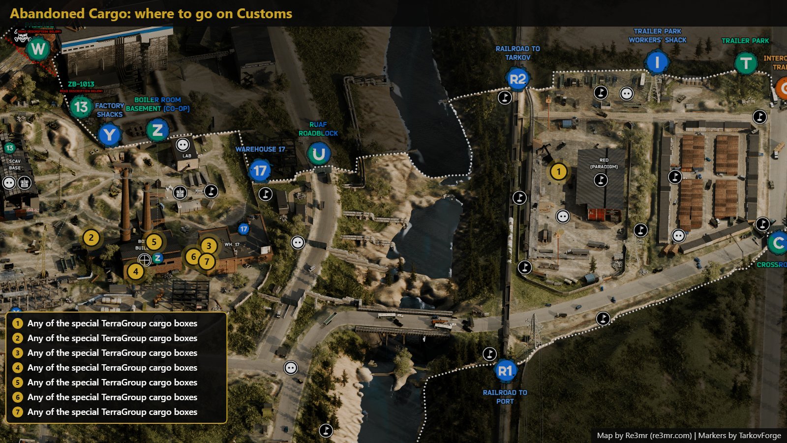 All 7 locations on Customs: Any of the special TerraGroup cargo boxes; Any of the special TerraGroup cargo boxes; Any of the special TerraGroup cargo boxes; Any of the special TerraGroup cargo boxes; Any of the special TerraGroup cargo boxes; Any of the special TerraGroup cargo boxes; Any of the special TerraGroup cargo boxes. Map by Re3mr.
