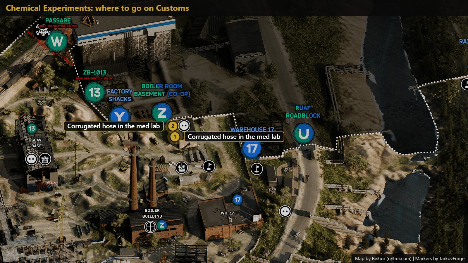 All 2 locations on Customs: Corrugated hose in the med lab; Corrugated hose in the med lab. Map by Re3mr.