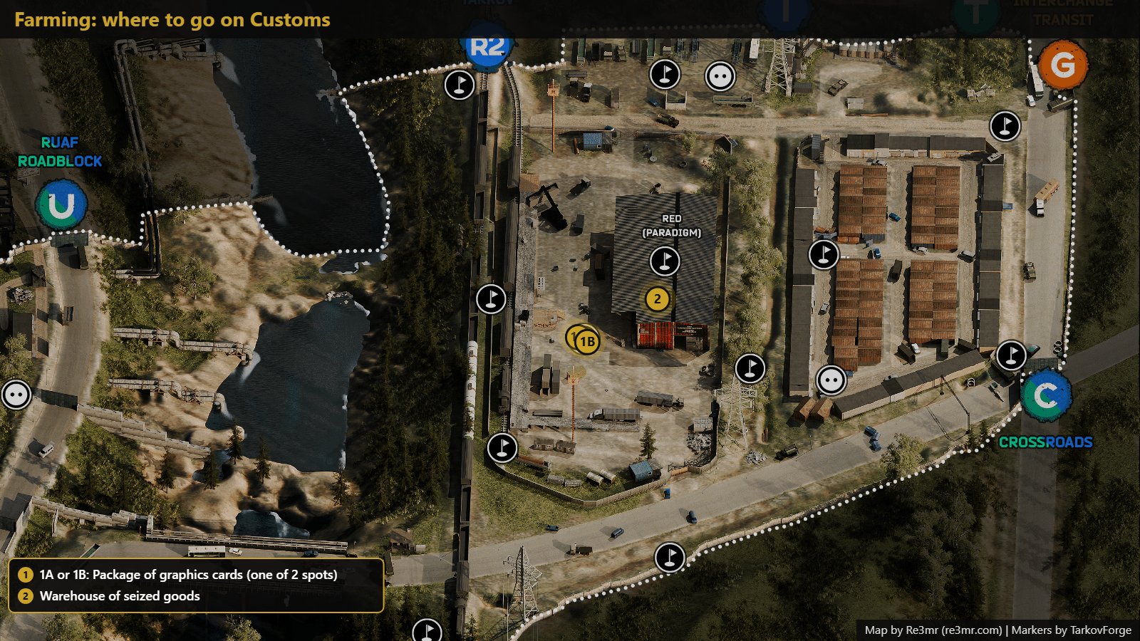 All 2 locations on Customs: Package of graphics cards (one of 2 spots); Warehouse of seized goods. Map by Re3mr.