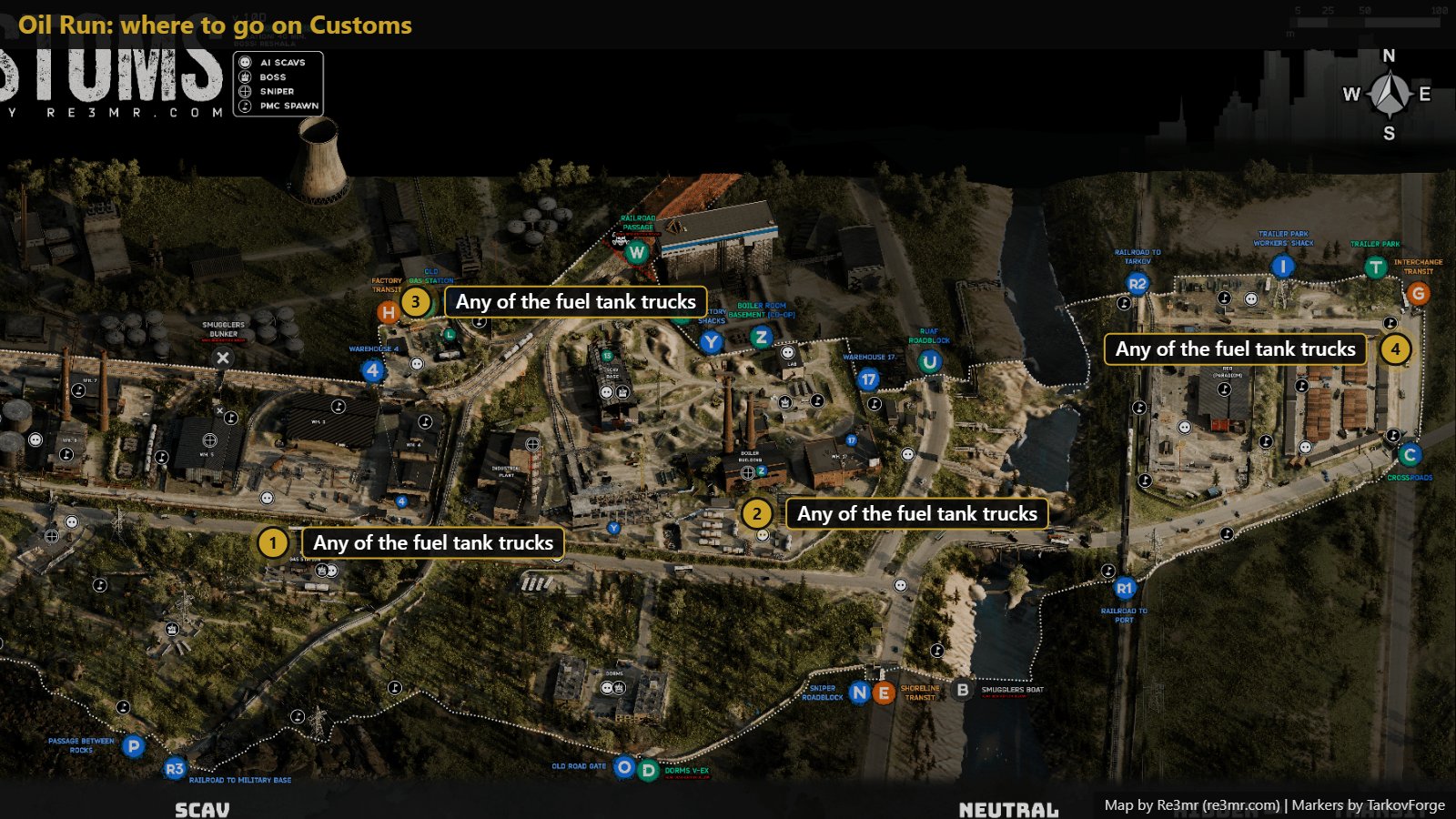 All 4 locations on Customs: Any of the fuel tank trucks; Any of the fuel tank trucks; Any of the fuel tank trucks; Any of the fuel tank trucks. Map by Re3mr.