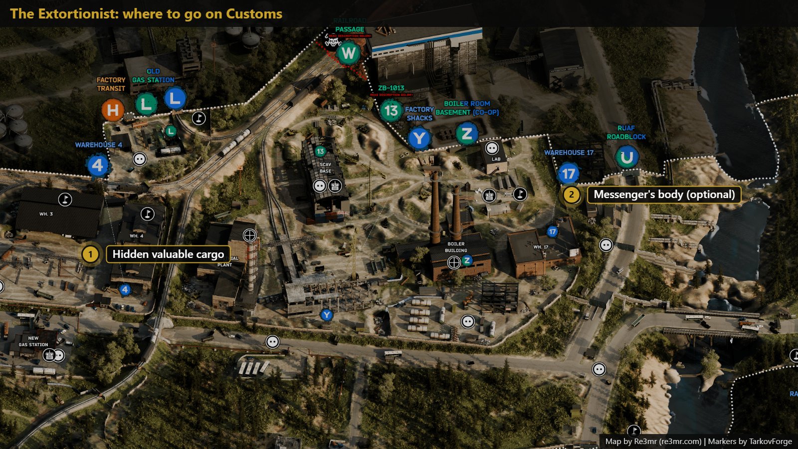 All 2 locations on Customs: Hidden valuable cargo; Messenger's body (optional). Map by Re3mr.