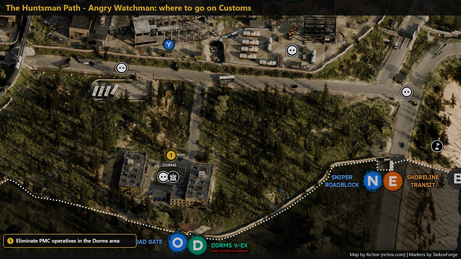 Location on Customs: Eliminate PMC operatives in the Dorms area. Map by Re3mr.