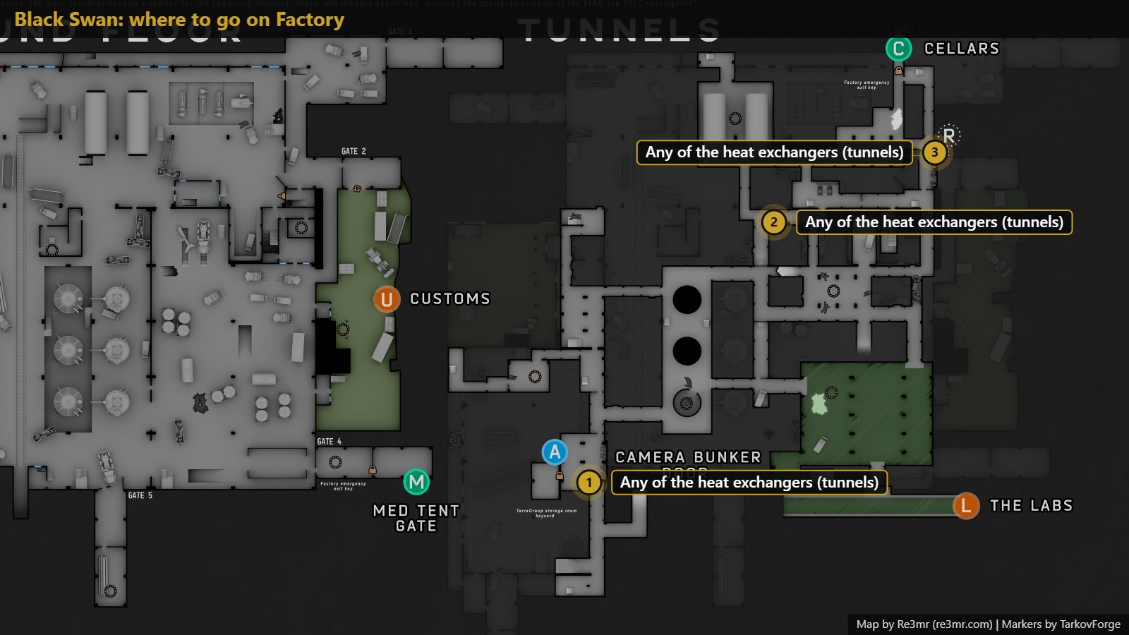 All 3 locations on Factory: Any of the heat exchangers (tunnels); Any of the heat exchangers (tunnels); Any of the heat exchangers (tunnels). Map by Re3mr.
