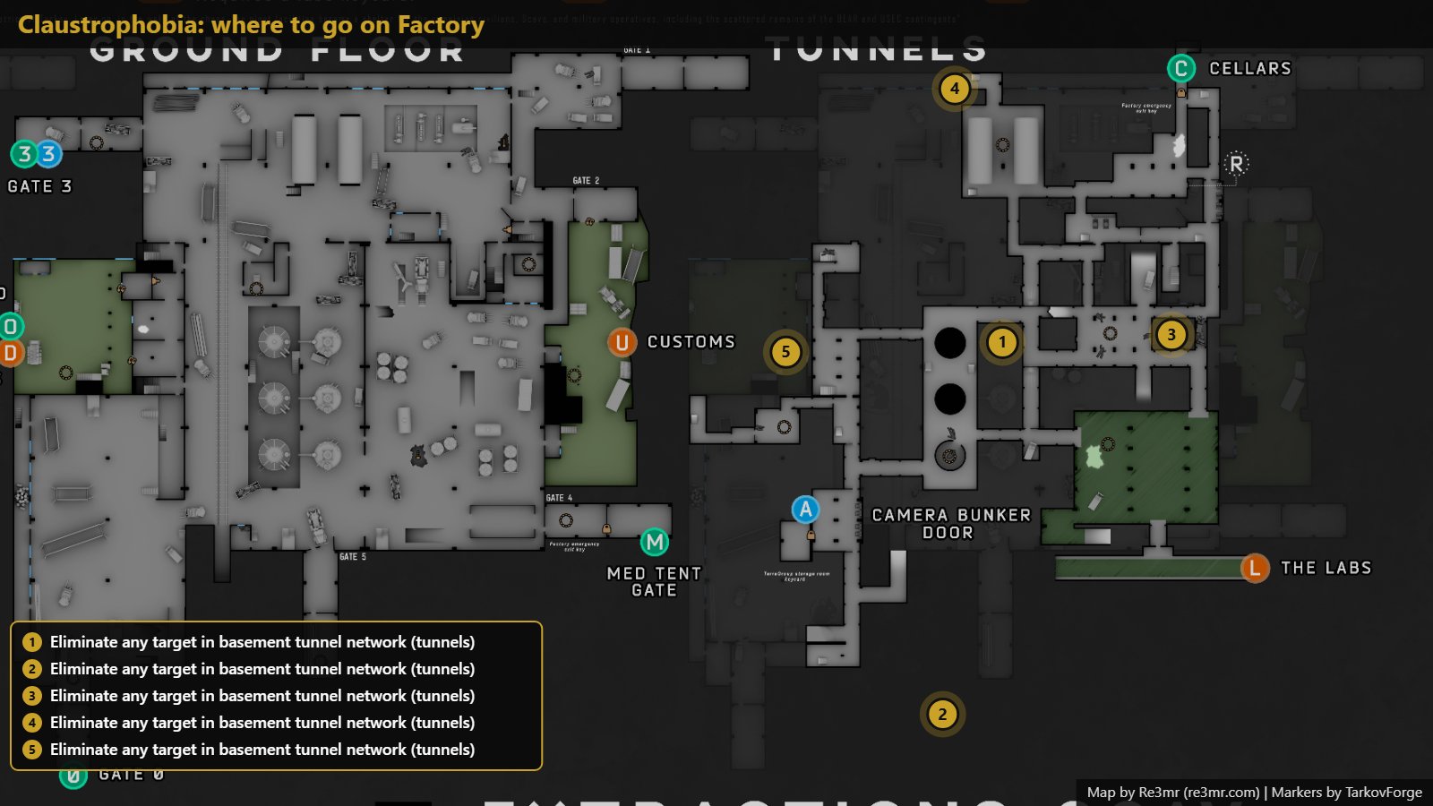All 5 locations on Factory: Eliminate any target in basement tunnel network (tunnels); Eliminate any target in basement tunnel network (tunnels); Eliminate any target in basement tunnel network (tunnels); Eliminate any target in basement tunnel network (tunnels); Eliminate any target in basement tunnel network (tunnels). Map by Re3mr.