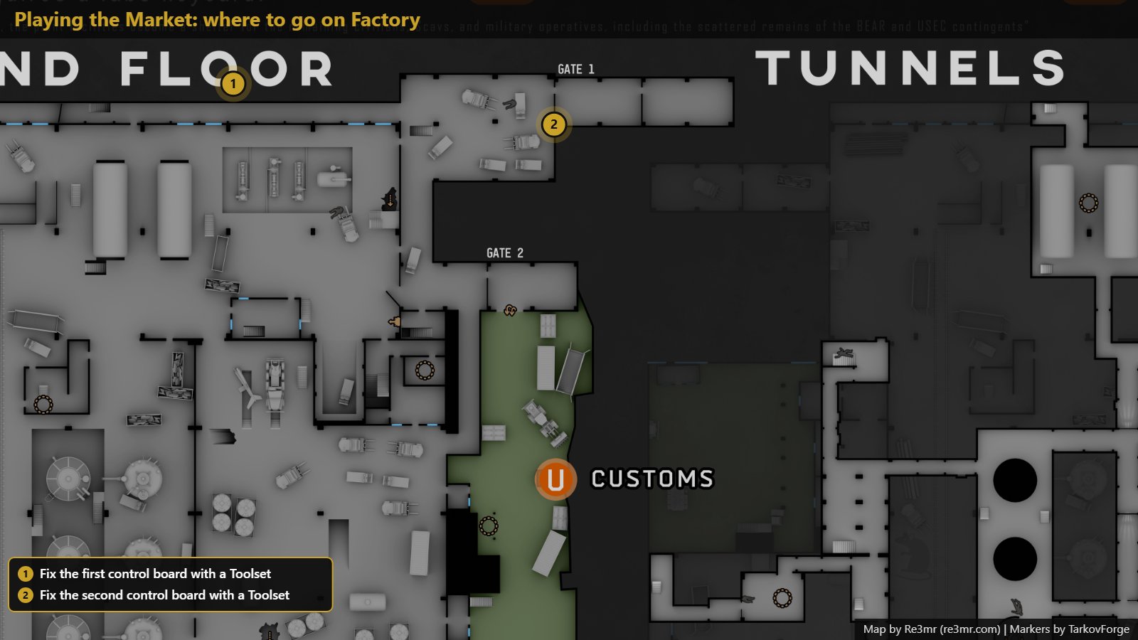 All 2 locations on Factory: Fix the first control board with a Toolset; Fix the second control board with a Toolset. Map by Re3mr.