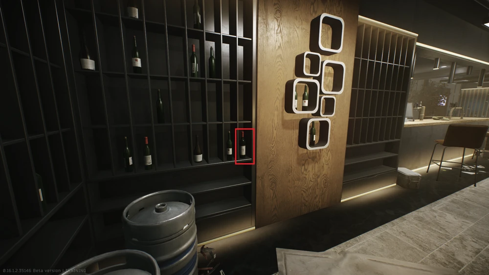 Wine spawn #1 - Corner shelf to the left of the big bar counter