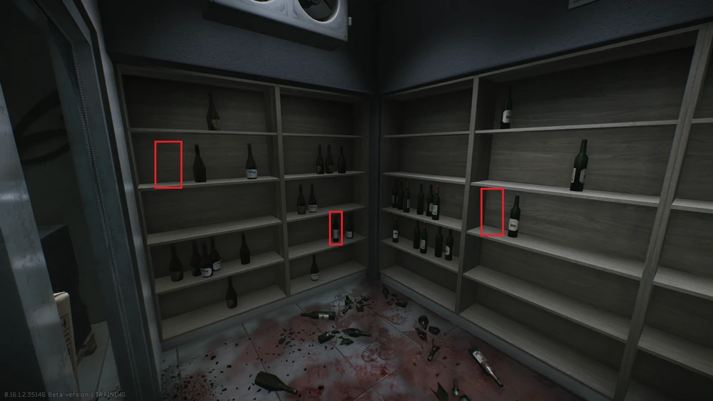 Wine spawns #4/5/6 - Shelves in the storage room behind the bar counter