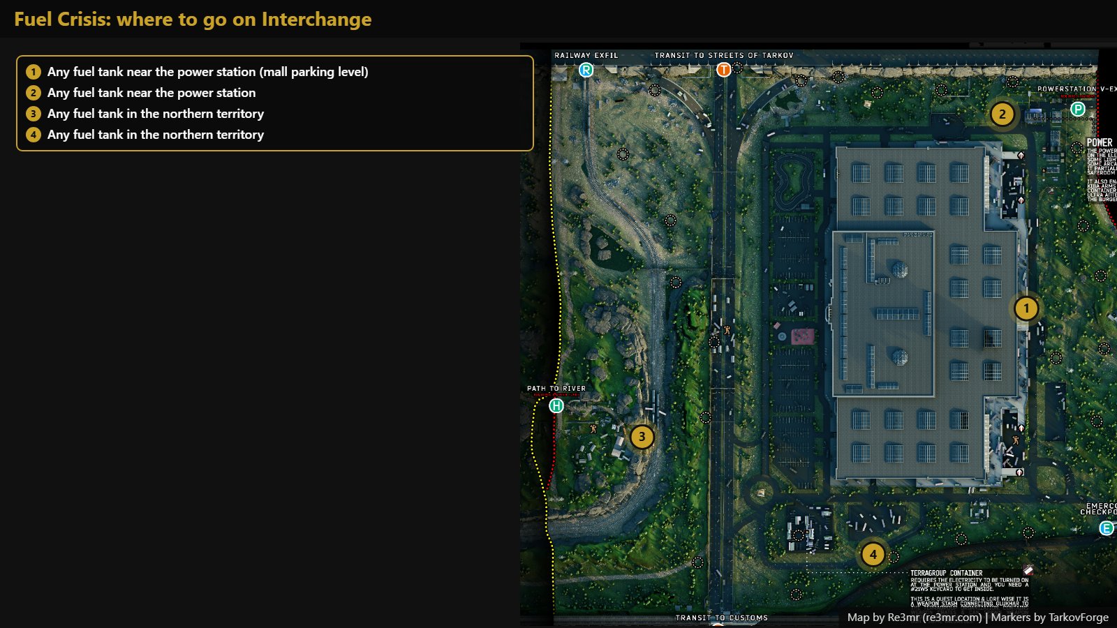 All 4 locations on Interchange: Any fuel tank near the power station (mall parking level); Any fuel tank near the power station; Any fuel tank in the northern territory; Any fuel tank in the northern territory. Map by Re3mr.