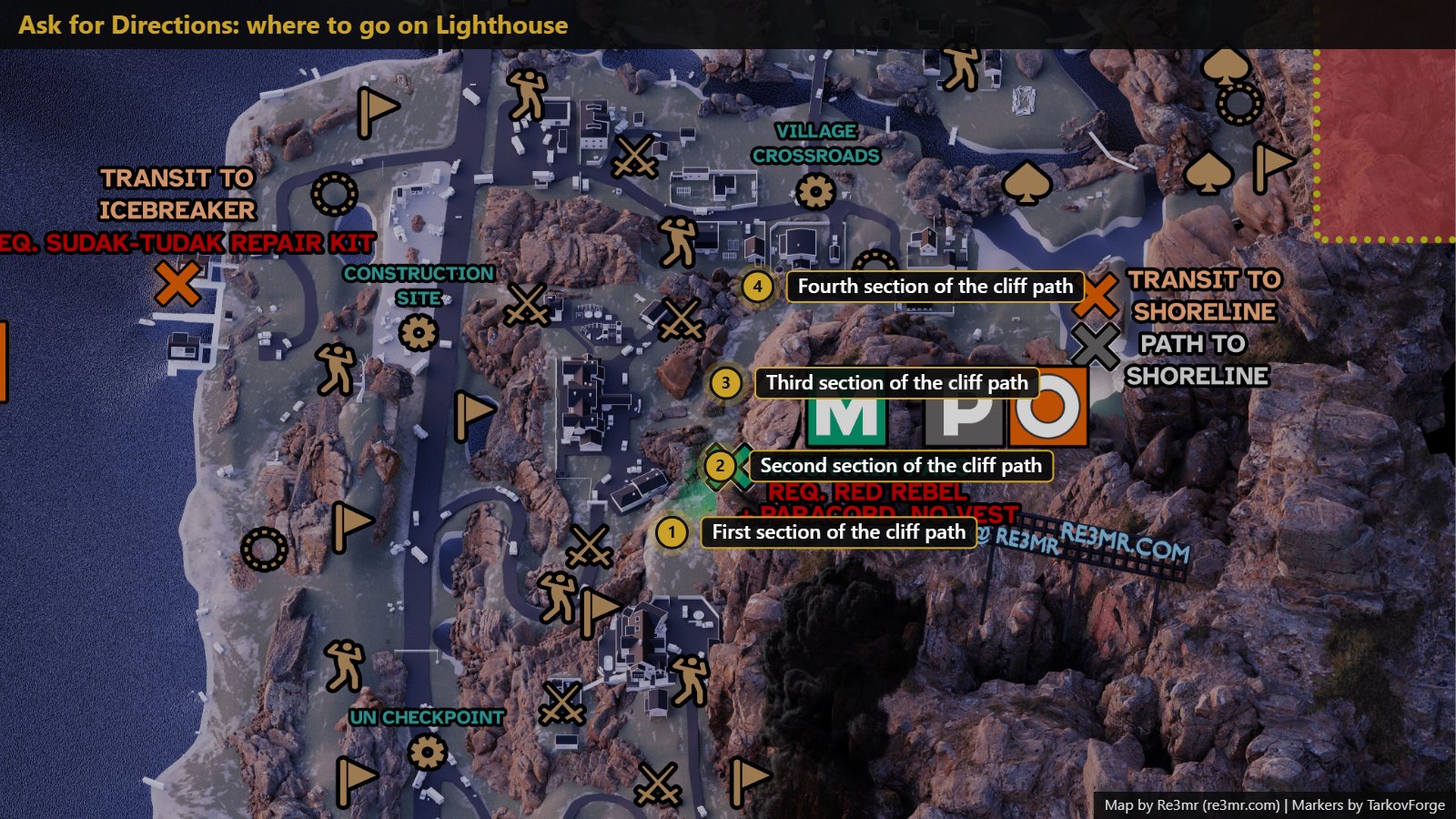 All 4 locations on Lighthouse: First section of the cliff path; Second section of the cliff path; Third section of the cliff path; Fourth section of the cliff path. Map by Re3mr.