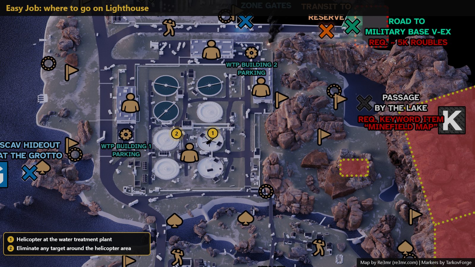 All 2 locations on Lighthouse: Helicopter at the water treatment plant; Eliminate any target around the helicopter area. Map by Re3mr.