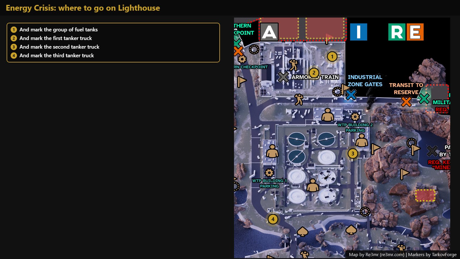 All 4 locations on Lighthouse: And mark the group of fuel tanks; And mark the first tanker truck; And mark the second tanker truck; And mark the third tanker truck. Map by Re3mr.