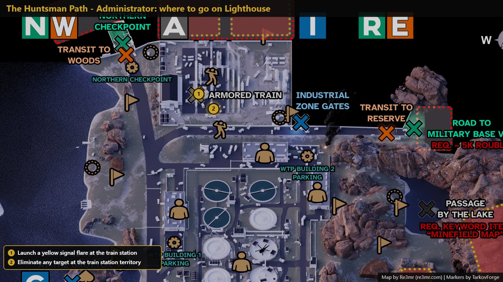All 2 locations on Lighthouse: Launch a yellow signal flare at the train station; Eliminate any target at the train station territory. Map by Re3mr.