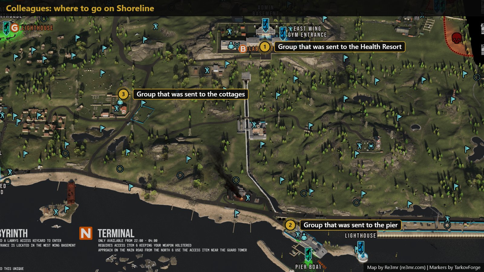 All 3 locations on Shoreline: Group that was sent to the Health Resort; Group that was sent to the pier; Group that was sent to the cottages. Map by Re3mr.