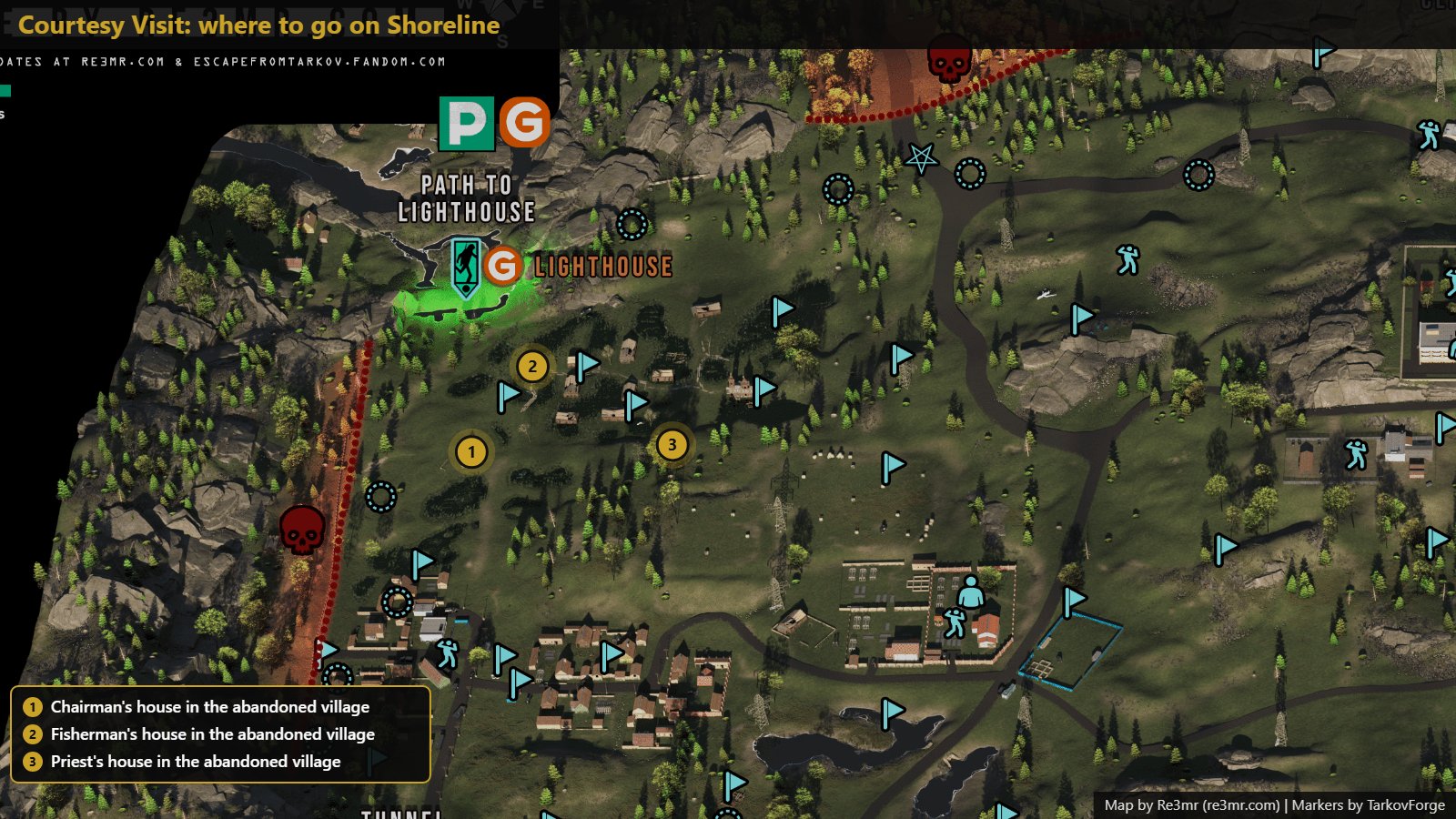 All 3 locations on Shoreline: Chairman's house in the abandoned village; Fisherman's house in the abandoned village; Priest's house in the abandoned village. Map by Re3mr.