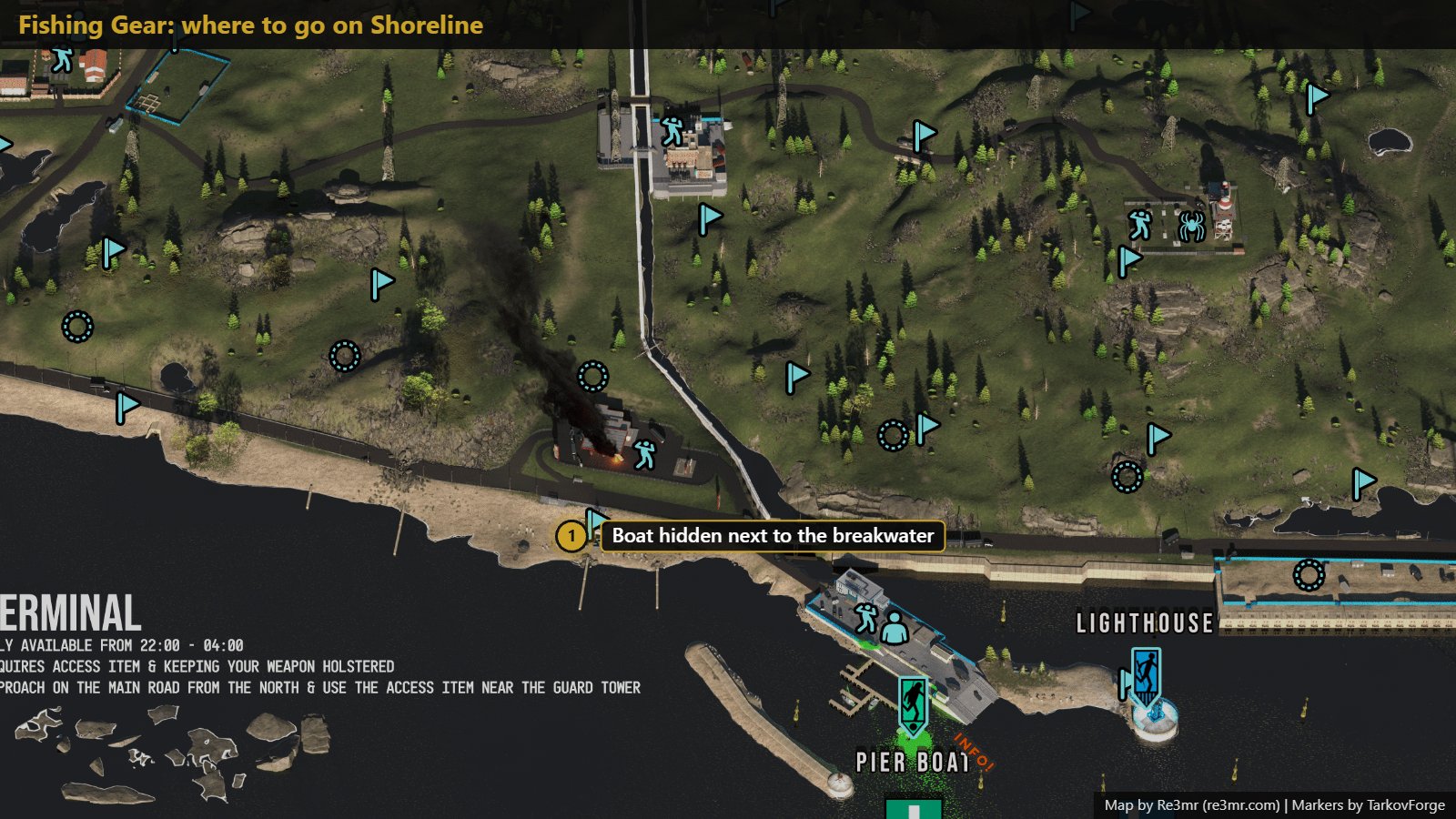 Location on Shoreline: Boat hidden next to the breakwater. Map by Re3mr.