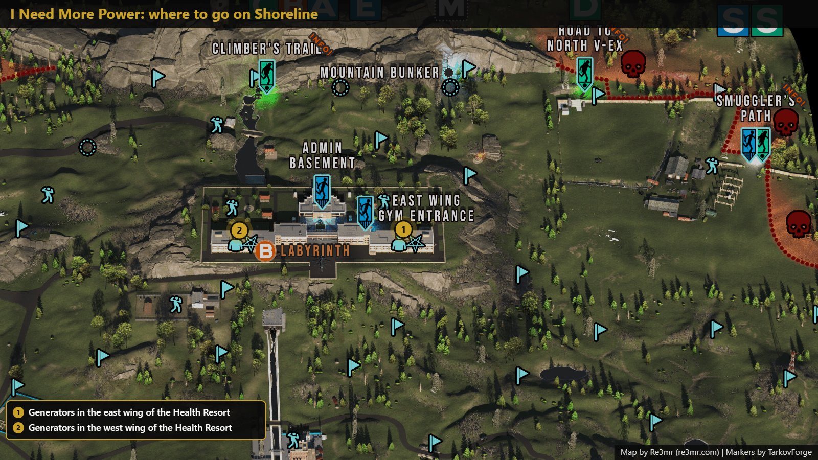 All 2 locations on Shoreline: Generators in the east wing of the Health Resort; Generators in the west wing of the Health Resort. Map by Re3mr.