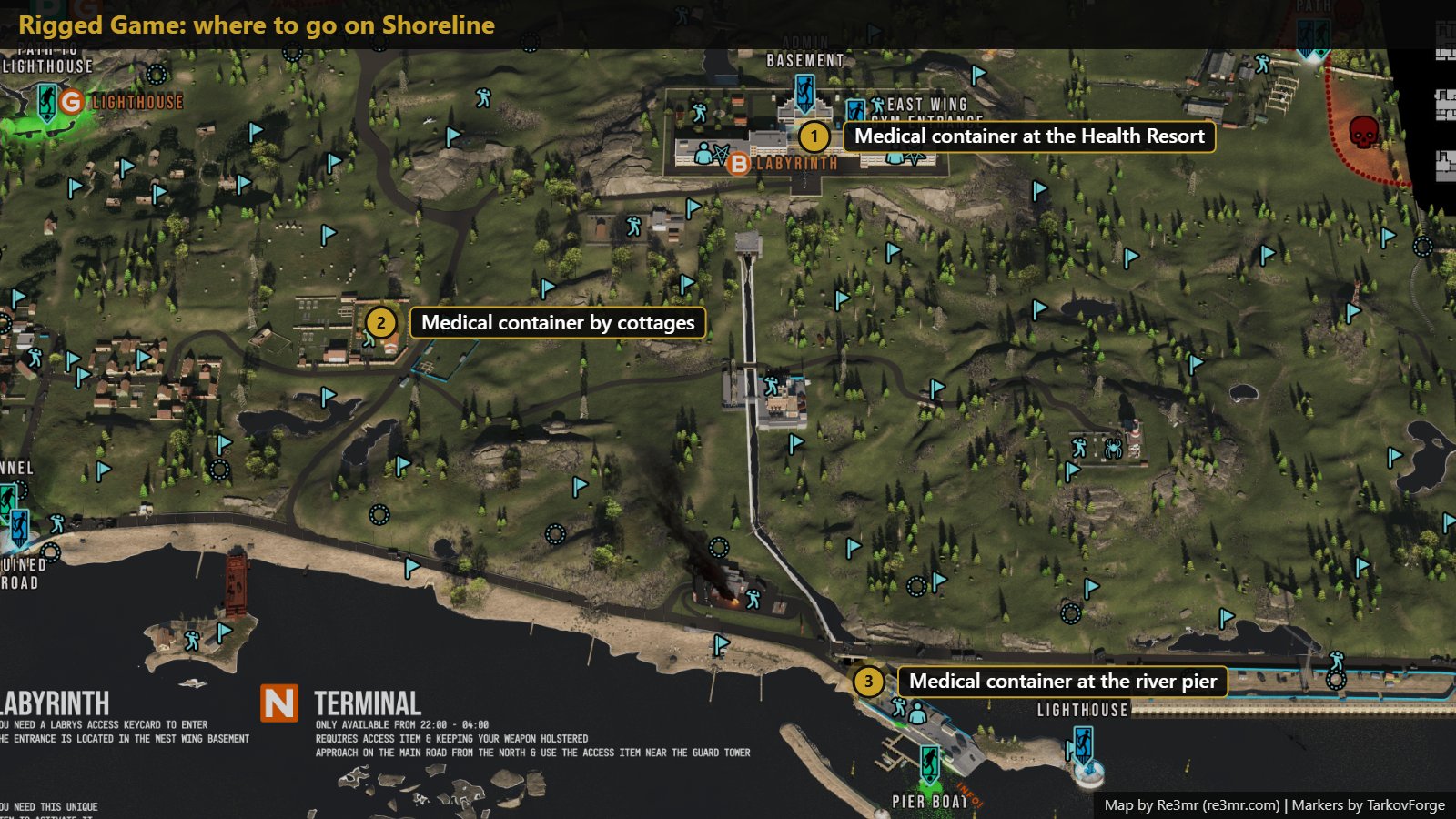 All 3 locations on Shoreline: Medical container at the Health Resort; Medical container by cottages; Medical container at the river pier. Map by Re3mr.