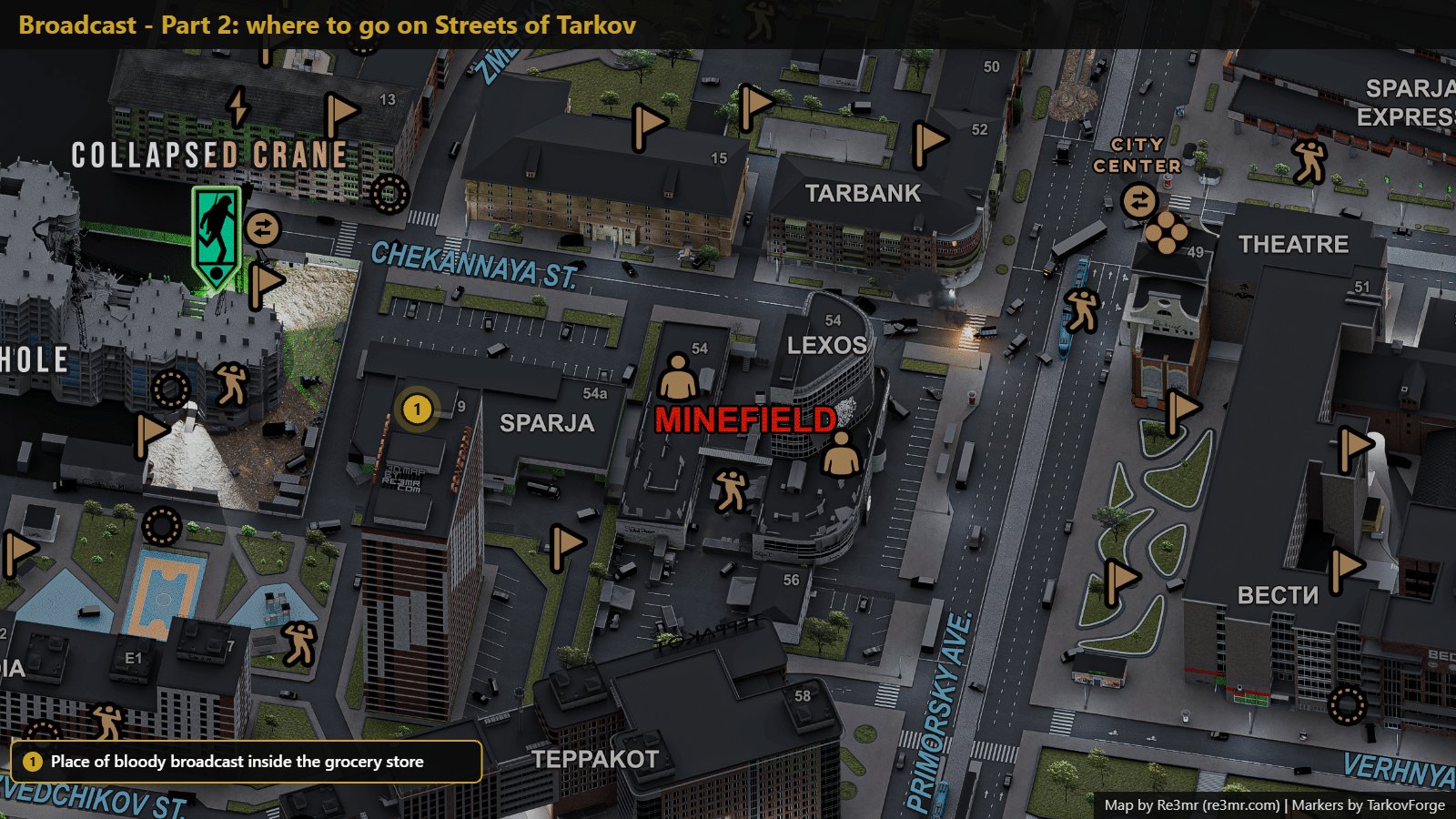 Location on Streets of Tarkov: Place of bloody broadcast inside the grocery store. Map by Re3mr.