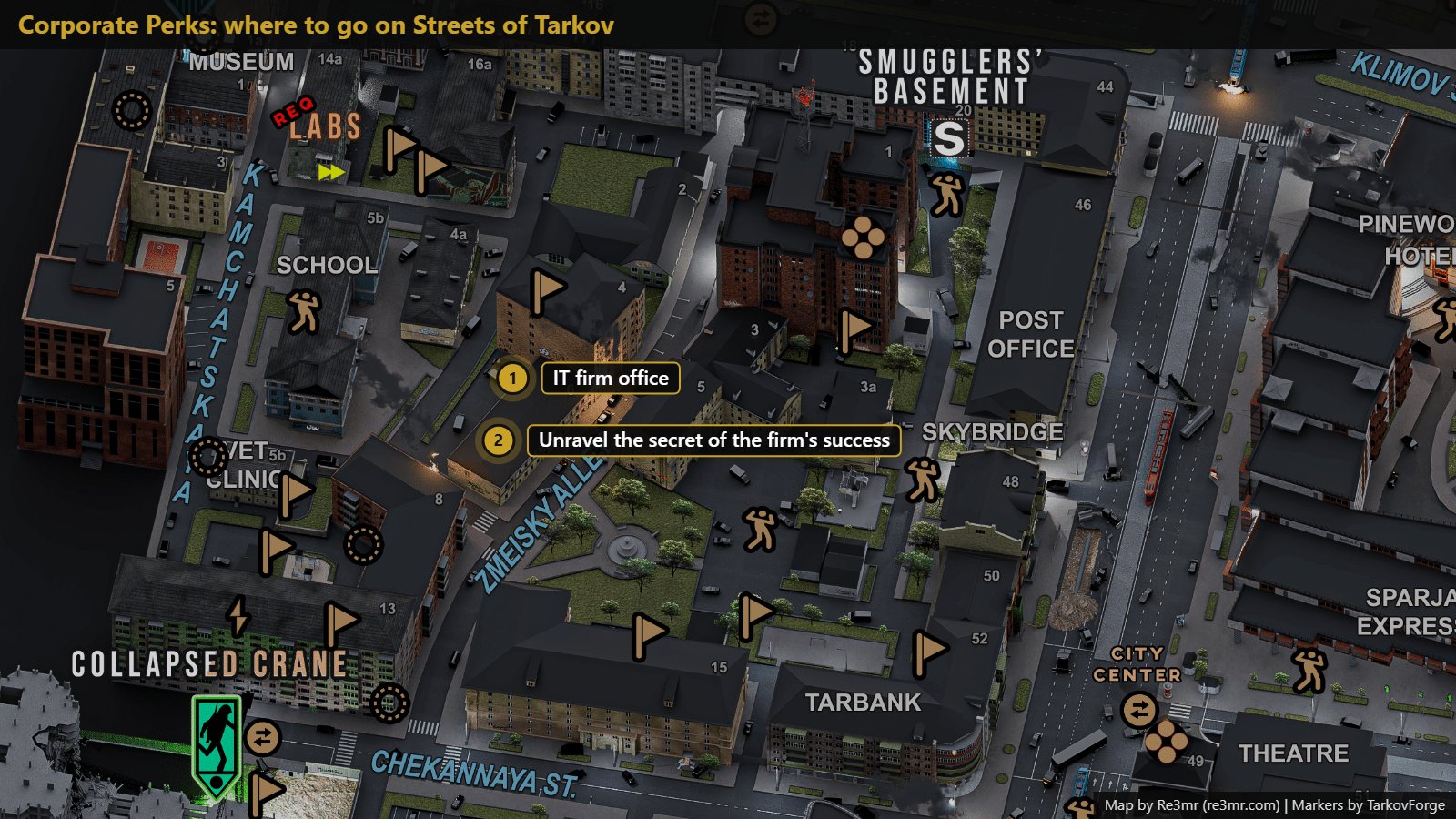 All 2 locations on Streets of Tarkov: IT firm office; Unravel the secret of the firm's success. Map by Re3mr.