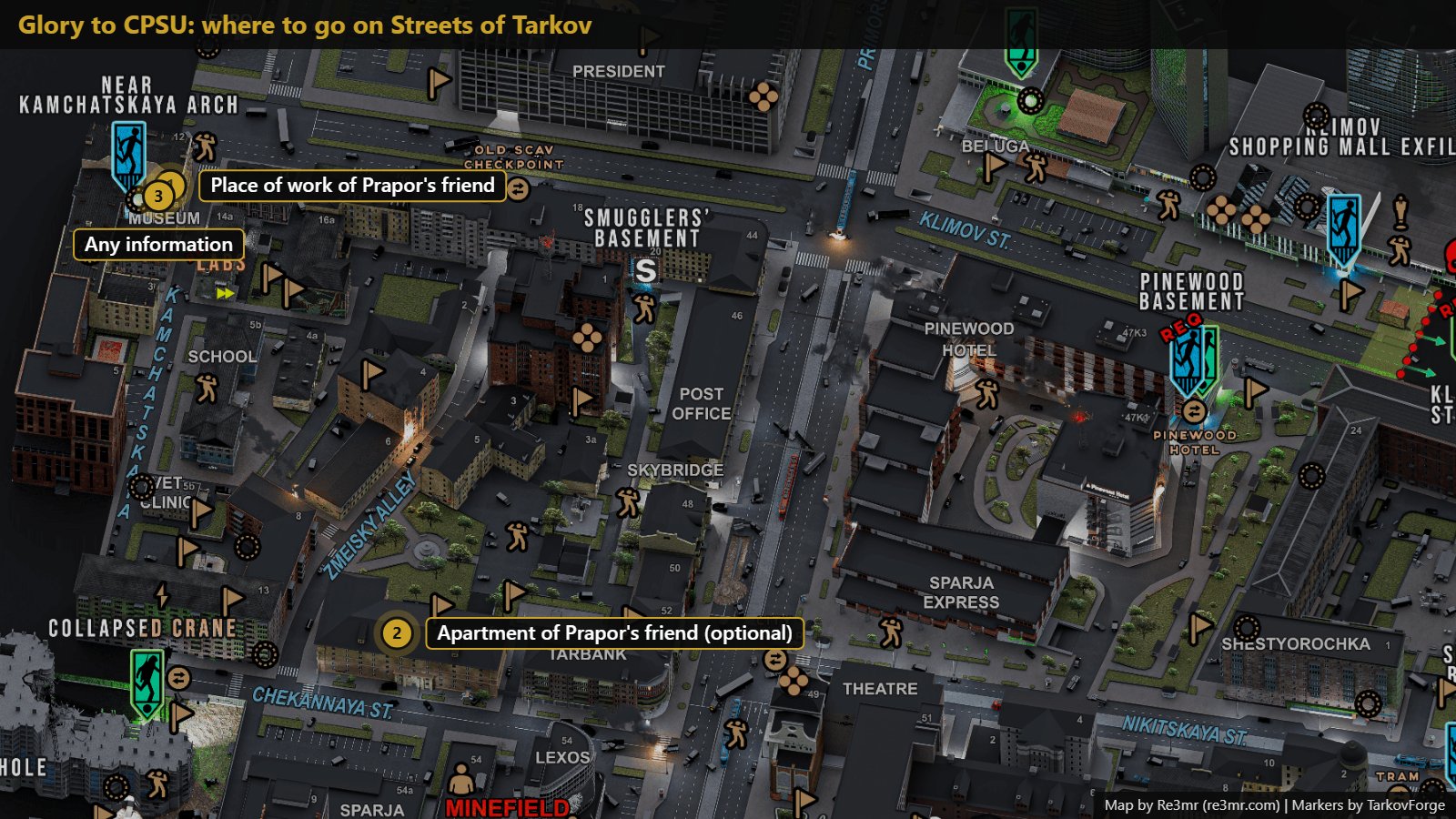 All 3 locations on Streets of Tarkov: Place of work of Prapor's friend; Apartment of Prapor's friend (optional); Any information. Map by Re3mr.
