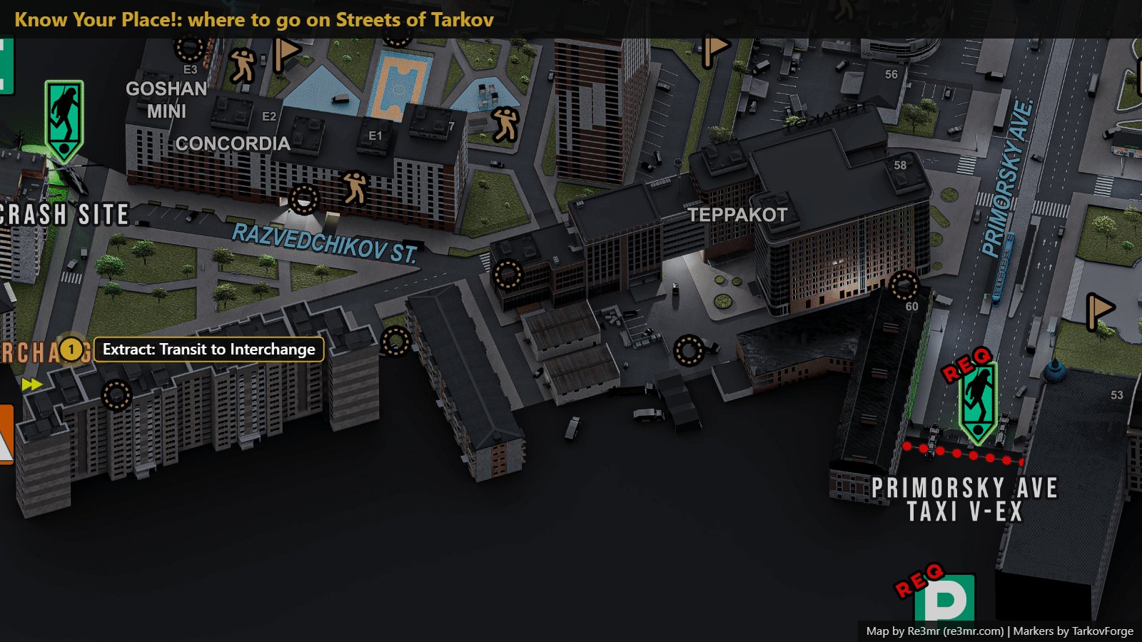 Location on Streets of Tarkov: Extract: Transit to Interchange. Map by Re3mr.