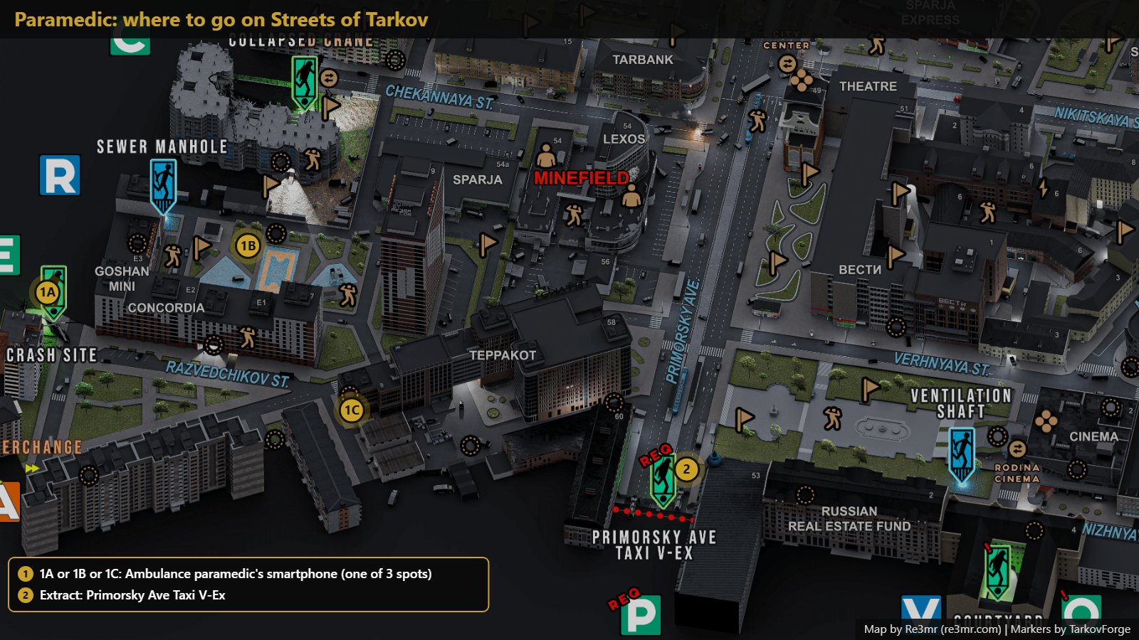 All 2 locations on Streets of Tarkov: Ambulance paramedic's smartphone (one of 3 spots); Extract: Primorsky Ave Taxi V-Ex. Map by Re3mr.