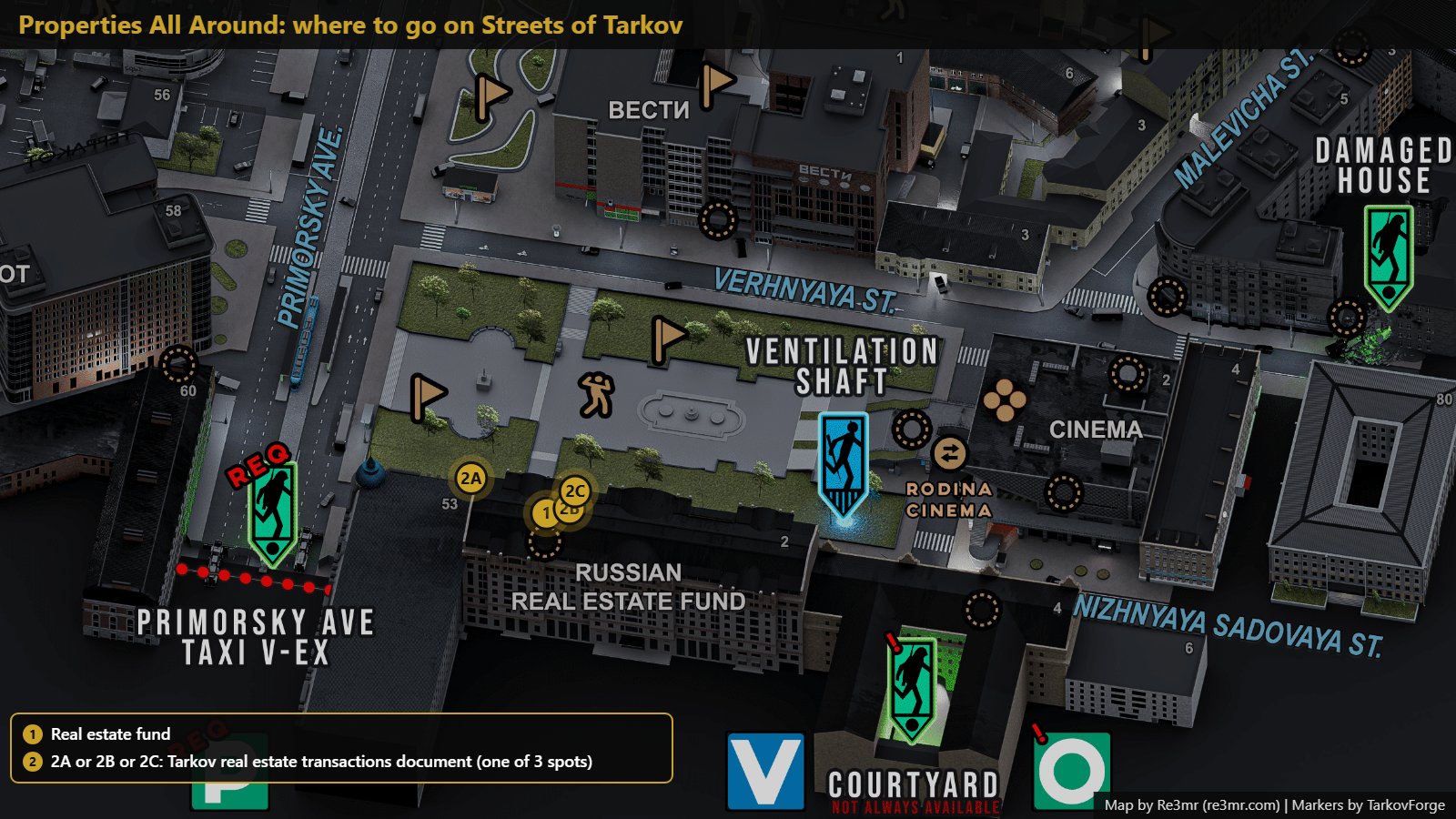 All 2 locations on Streets of Tarkov: Real estate fund; Tarkov real estate transactions document (one of 3 spots). Map by Re3mr.