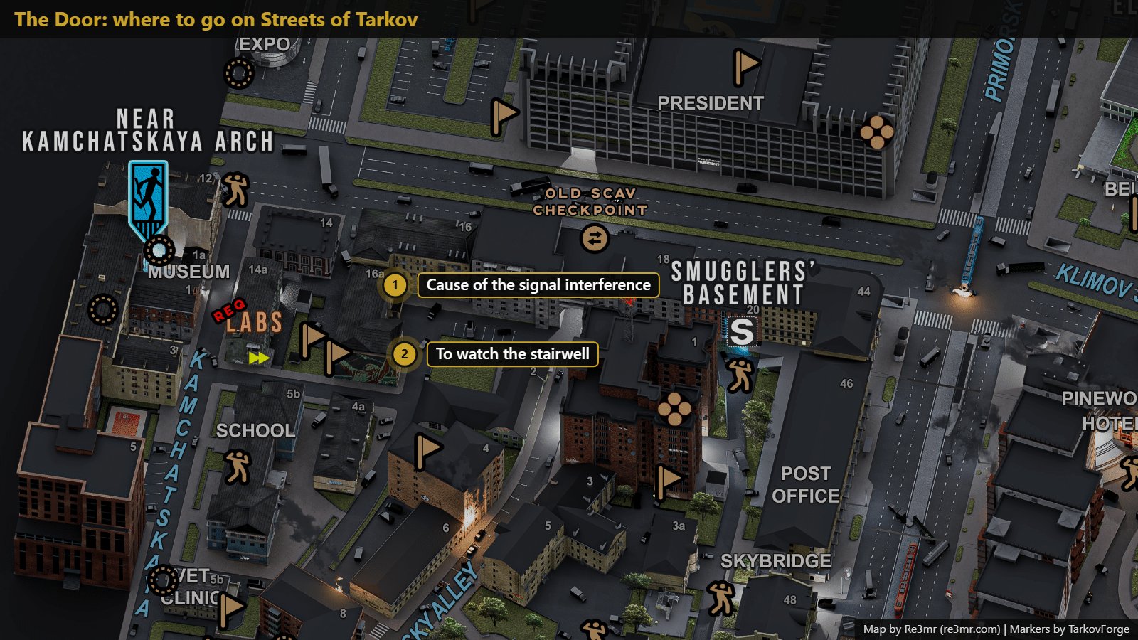 All 2 locations on Streets of Tarkov: Cause of the signal interference; To watch the stairwell. Map by Re3mr.