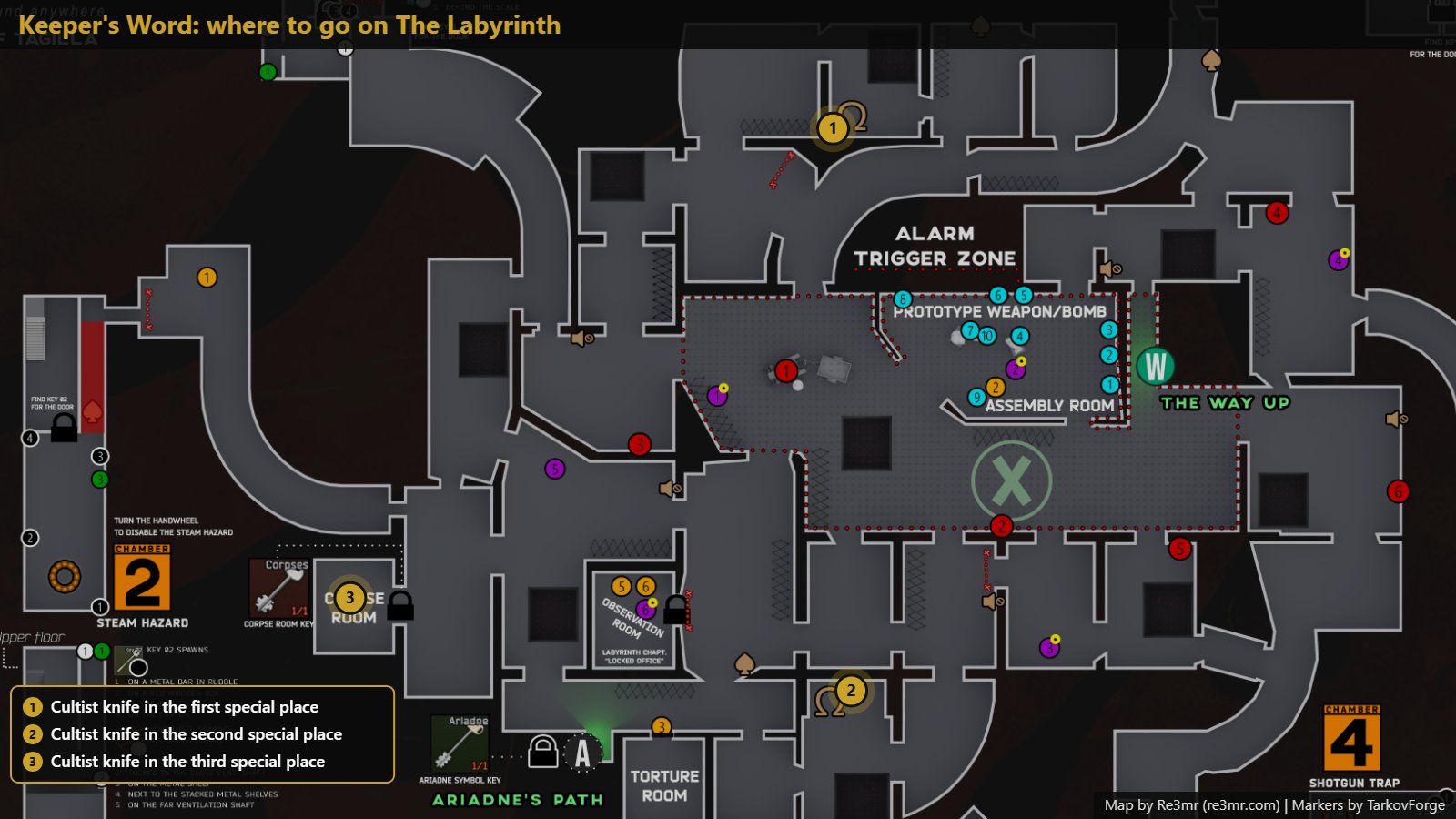 All 3 locations on The Labyrinth: Cultist knife in the first special place; Cultist knife in the second special place; Cultist knife in the third special place. Map by Re3mr.