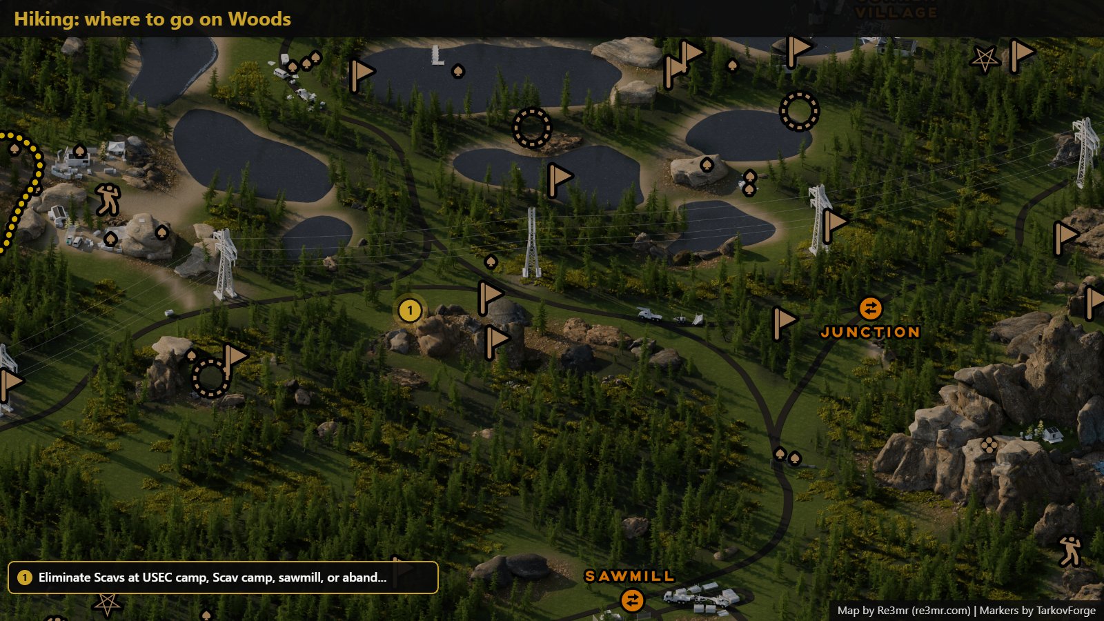 Location on Woods: Eliminate Scavs at USEC camp, Scav camp, sawmill, or aband.... Map by Re3mr.