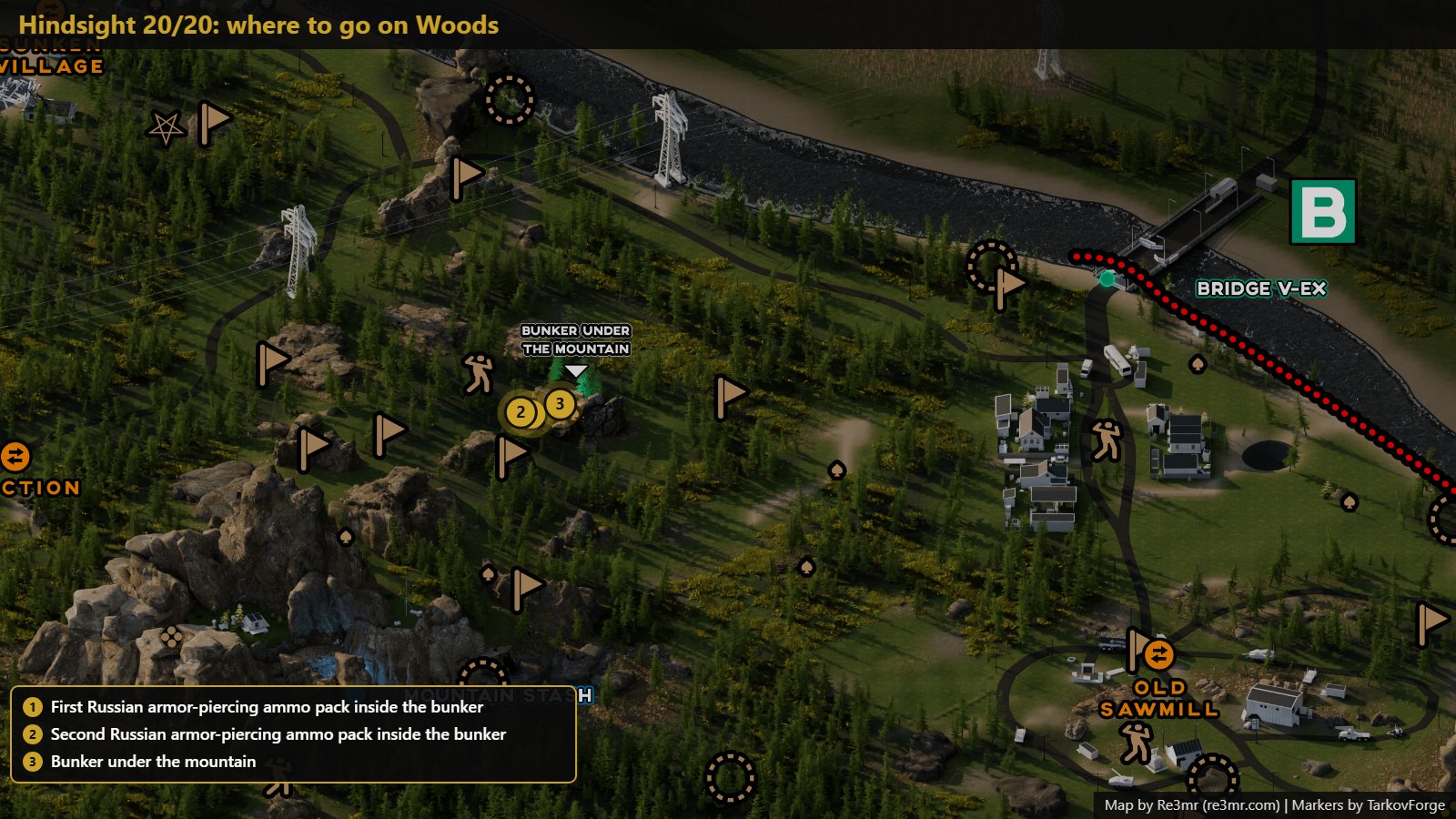 All 3 locations on Woods: First Russian armor-piercing ammo pack inside the bunker; Second Russian armor-piercing ammo pack inside the bunker; Bunker under the mountain. Map by Re3mr.