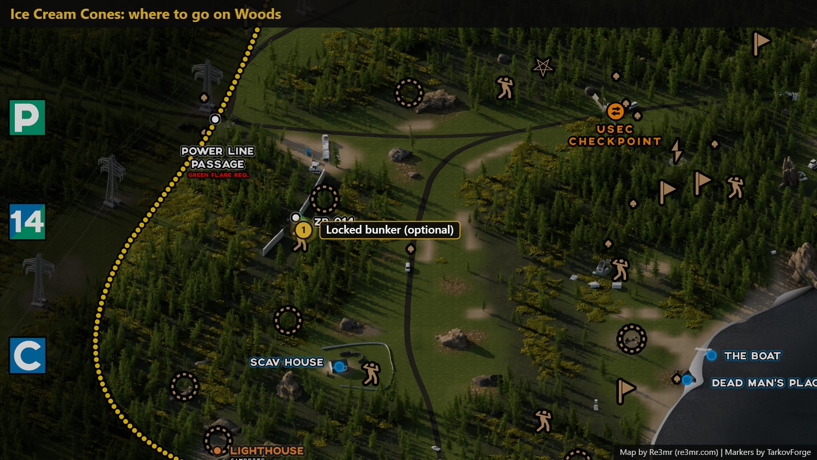 Location on Woods: Locked bunker (optional). Map by Re3mr.