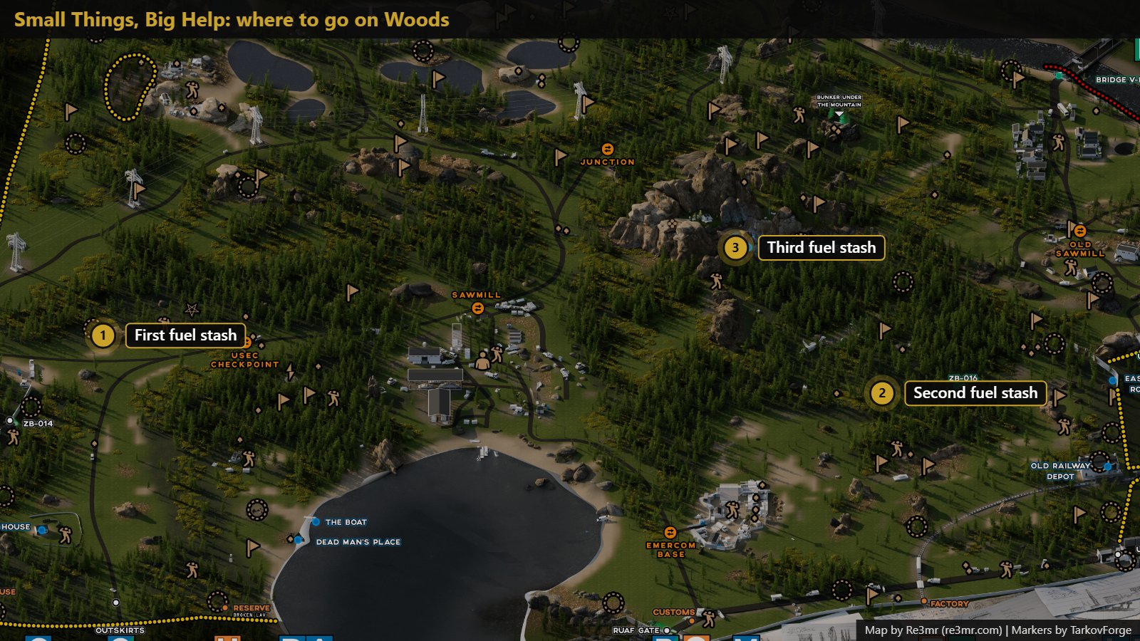 All 3 locations on Woods: First fuel stash; Second fuel stash; Third fuel stash. Map by Re3mr.