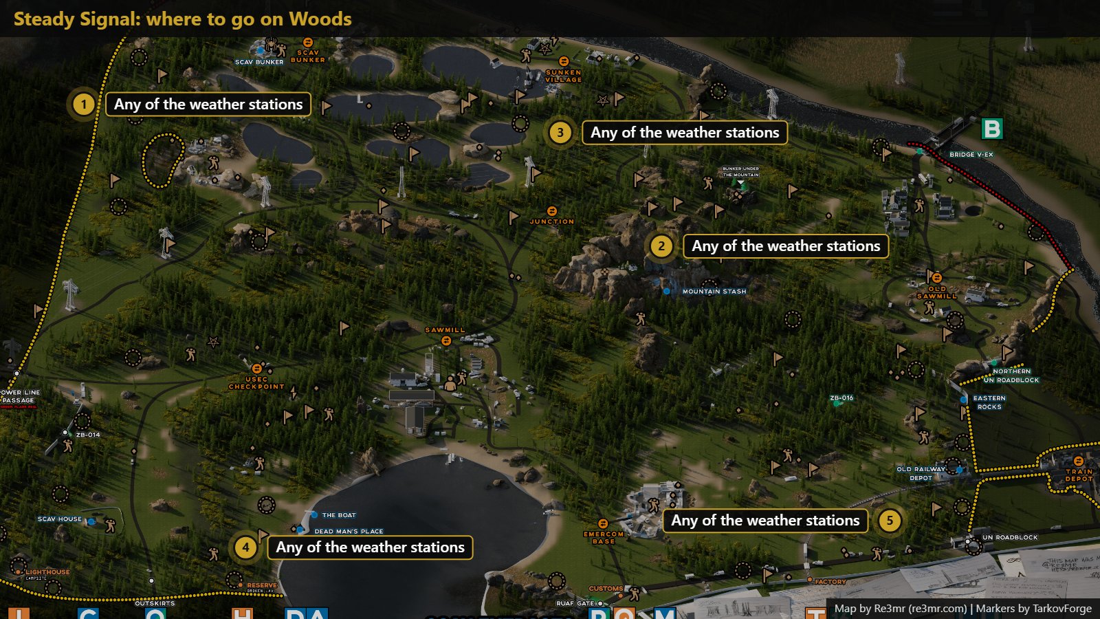 All 5 locations on Woods: Any of the weather stations; Any of the weather stations; Any of the weather stations; Any of the weather stations; Any of the weather stations. Map by Re3mr.